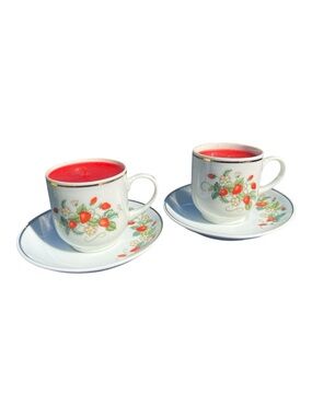 Avon Vintage Strawberry Porcelain Demi Cup & Saucer Set with Candle (2)
